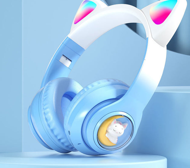 Blue Cat Ears Wireless Headset Stereo Bluetooth 5.0 RGB Soft Earmuffs MP3 Player Headphone for Mobile Phones Laptops Music Men Women