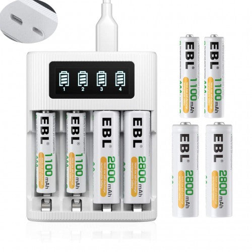 [I]EBL EB-64091222 LCD Battery Charger With Type C and Micro USB input and 4Pcs AAA 1100mah and 4pcs AA 2800mah Combo