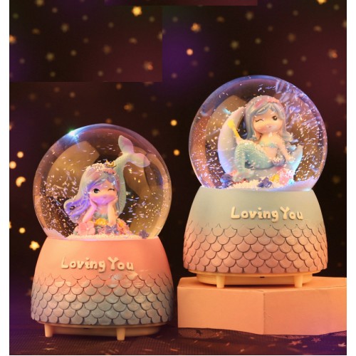 Sitting Mermaid Glowing Crystal Ball Glass Ball Snowflake Band Music Birthday Christmas Gift Creative Music Bell Resin Crafts Home Decoration Ball