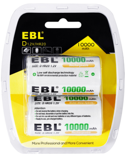 D Size 10000mAh Rechargeable Batteries 2 Pack EBL